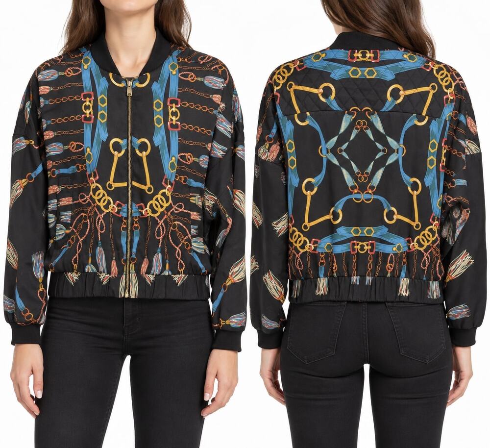 Zara Basic Women's Black Satin Chain Tassel Print Bomber Jacket XS 90's Inspired